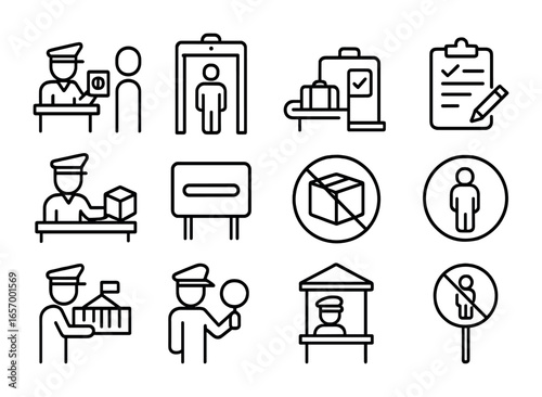 Customs Control Icons. Outline icon set of customs and border control: passport check, customs gate, x-ray