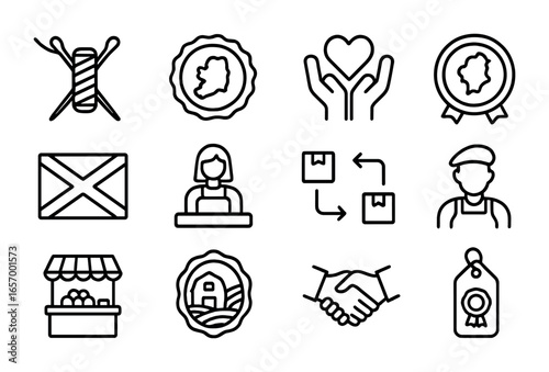 Local Market Icons. Outline icon set of local market protection: handmade goods, domestic seal, support local