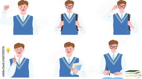 Student in Uniform Various Poses and Expressions