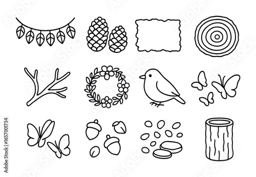 Nature Decor Icons. Outline icon set of nature-inspired decor elements: leaf garland, pinecones, moss mat,