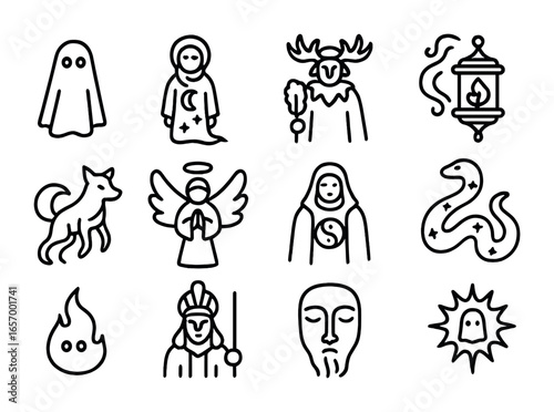 Spirit World Icons. Outline icon set of spirit world beings: ancestral ghost, dream walker, shaman guardian,