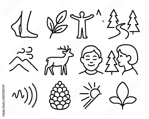 Forest Bathing Icons. Outline icon set of forest bathing (Shinrin-yoku): walking feet, leafy branch, open arms