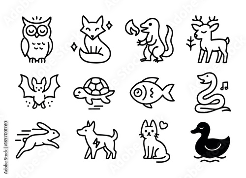 Fantasy Creature Icons. Outline icon set of fantasy creatures with magical powers: telepathic owl, illusion