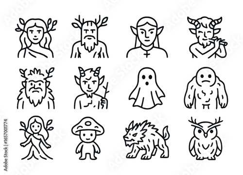 Mythical Forest Icons. Outline icon set of mythical forest beings: dryad, ent, elf, faun, leshy, satyr, forest