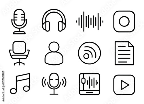 Podcast Icon Set. Outline icon set of podcast journalism: condenser mic, headphones, audio waveform, recording