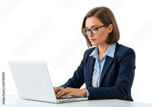 A focused businesswoman wearing glasses types on a laptop, isolated on transparent background