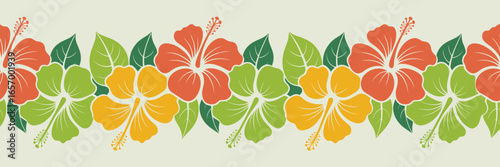 A seamless pattern featuring a repeating floral design with hibiscus flowers and leaves in vibrant colors