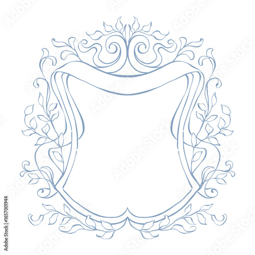 Wedding crest frame. Wedding floral crest. Vintage frame with floral decor. Victorian frame for wedding invitation, card, emblem, cover, banner, save the date, monogram frame. Hand drawn classic style