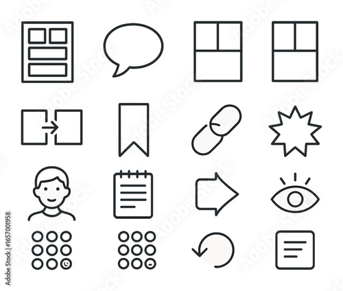 Digital Storytelling Icons. Outline icon set of digital storytelling: storyboard, narration bubble, panel