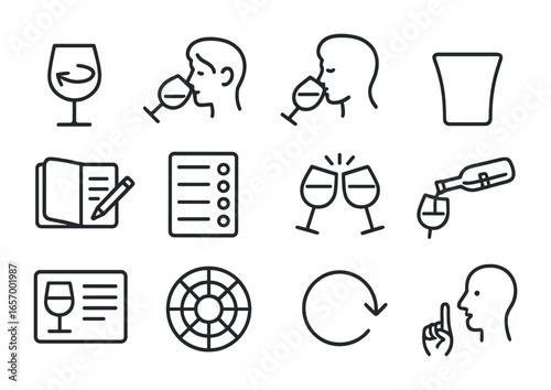 Wine Tasting Icons. Outline icon set of wine tasting etiquette: swirl glass, sniff icon, taste test, spit cup,