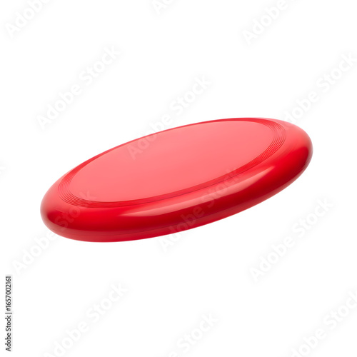 A vibrant studio photograph of a red frisbee disc, captured in mid-air motion, fully visible and perfectly isolated on transparent background.
