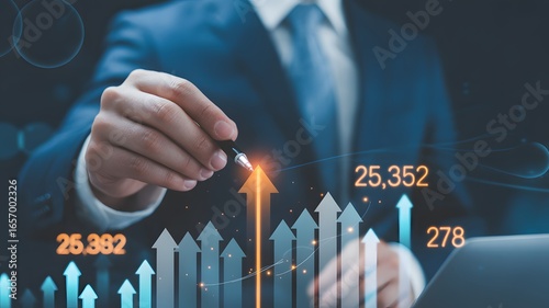 Business Growth and Analysis: A professional, impeccably dressed, and sharpens focus with a digital stylus to pinpoint an upward-trending graph.