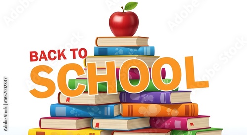 Back to School Books Stack with Red Apple and Text