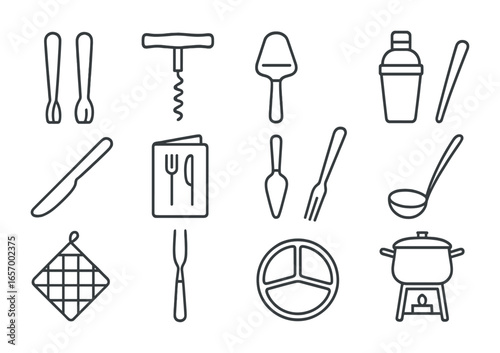 Elegant Hosting Icons. Outline icon set of elegant hosting essentials: serving tongs, wine opener, cheese