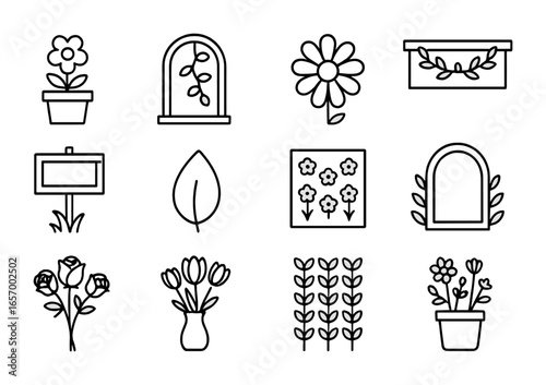 Floral Window Icons. Outline icon set of floral window elements: flower pot, vine decor, daisy prop, leaf