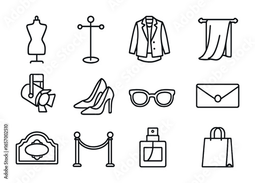 Fashion Icon Grid. Outline icon set of fashion window setup: dress form, accessory stand, outfit layers,