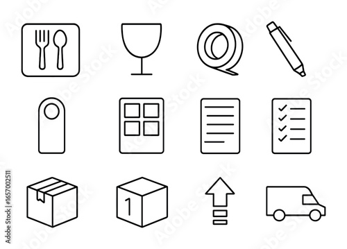 House Moving Icons. Outline icon set of moving house labels: kitchen label, fragile icon, tape icon, marker