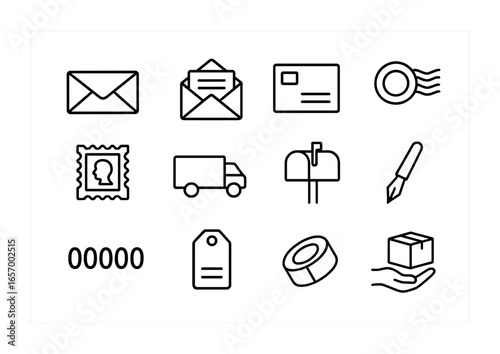 Mailing Essentials Icons. Outline icon set of mailing essentials: envelope icon, open letter, address form,