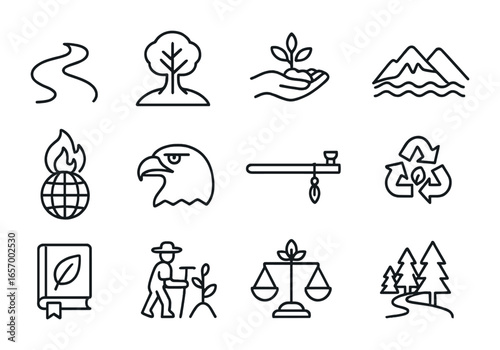 Environmental Stewardship Icons. Outline icon set of environmental stewardship: river icon, sacred tree, soil