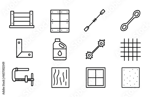 Concrete Mold Icon Set. Outline icon set of concrete molds and formwork: wood form, steel form, form tie, snap