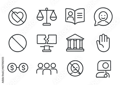 Anti-Discrimination Icon Set. Outline icon set of antidiscrimination: no hate sign, balance scale, human