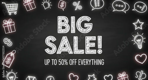 Big Sale Promotion on Chalkboard with Shopping Icons
