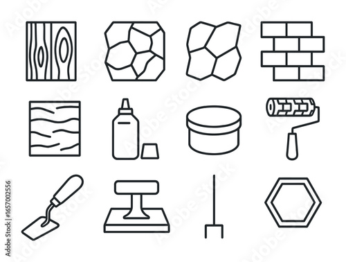 Stamped Concrete Icons. Outline icon set of stamped concrete textures: wood pattern, stone texture, slate
