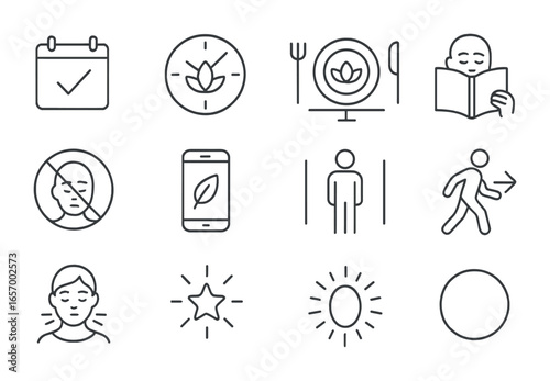 Intentional Living Icons. Outline icon set of intentional living: checklist day, mindful clock, balanced plate