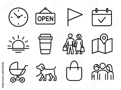 Weekend Market Icons. Outline icon set of weekend farmers market: market clock, open sign, Saturday banner,