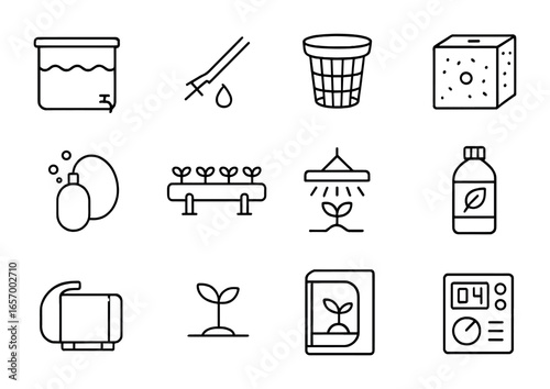 Hydroponics Icon Set. Outline icon set of hydroponics systems: water tank, drip line, net pot, rockwool cube,