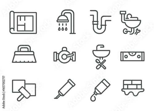 Home Renovation Icons. Outline icon set of home renovation and remodeling: blueprint, shower installation,