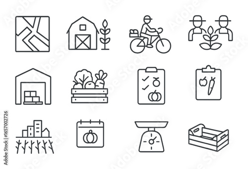 Local Food Icons. Outline icon set of local food systems: urban map, farm icon, bike delivery, farmers’ co-op,