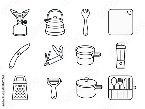 Travel Cooking Icons. Outline icon set of travel and outdoor cooking tools: portable stove, collapsible kettle