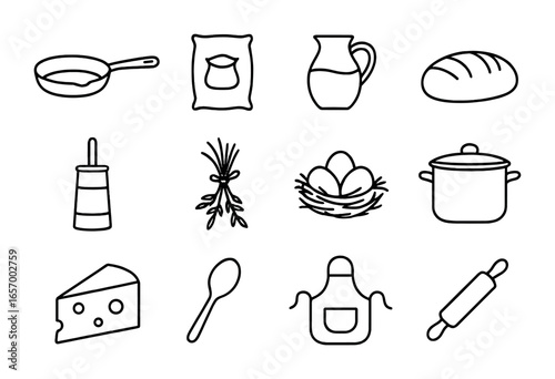 Farmhouse Kitchen Icons. Outline icon set of farmhouse kitchen: cast iron pan, flour sack, milk jug, loaf of
