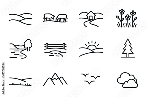 Country Landscape Icons. Outline icon set of country landscapes: rolling hills, grazing animals, country road,