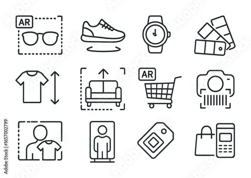 AR Retail Icons Grid. Outline icon set of AR in retail: try-on sunglasses, virtual shoes, digital watch, color