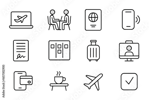 Nomadic Entrepreneurship Icons. Outline icon set of nomadic entrepreneurship: travel laptop, coworking space,