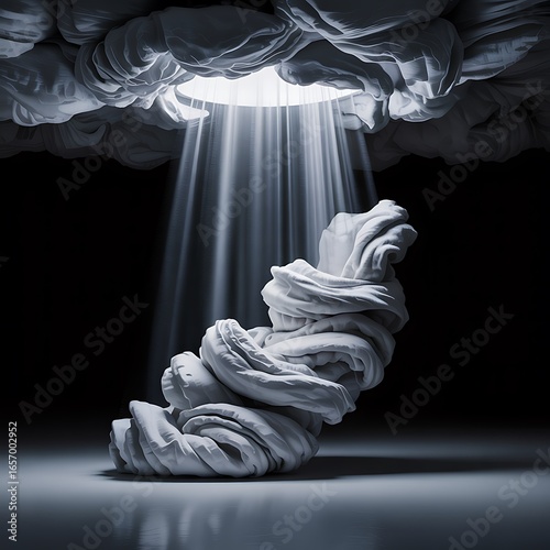 Abstract sculpture of twisted white fabric illuminated by a spotlight from above image photo