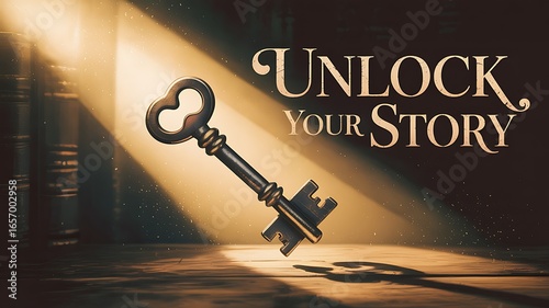 Ornate Key Illuminated by Dramatic Light with Text Unlock Your Story writing narrative