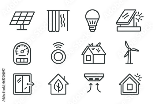 Energy Efficient Icons. Outline icon set of energy-efficient home design: solar panel, thermal curtain, LED