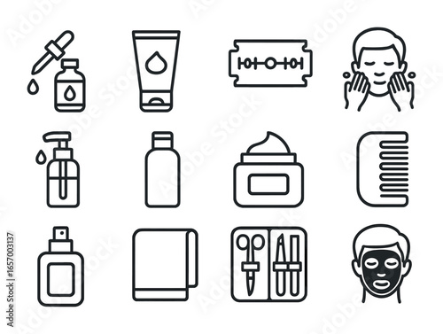 Men's Grooming Essentials. Outline icon set of men’s grooming and skincare: beard oil, shaving cream, razor