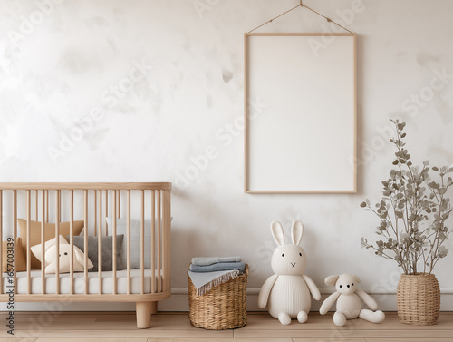 Neutral baby nursery with muted colors, one blank empty poster frame mock up on wall, copy space