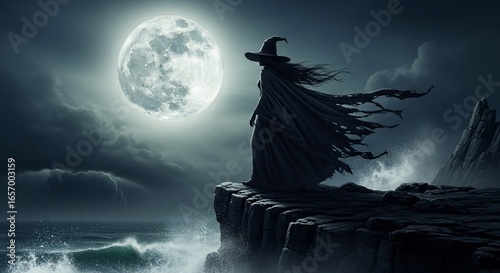 Mysterious Witch Silhouette on a Stormy Night Cliff