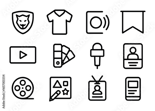 Team Branding Icons. Outline icon set of team branding and media: team logo, jersey mockup, media rights,