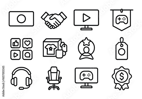 Gaming Sponsorship Icons. Outline icon set of gaming sponsorship deals: sponsor logo, brand handshake,