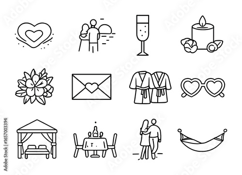 Romantic Getaway Icons. Outline icon set of romantic tropical getaway: heart in sand, sunset couple, champagne