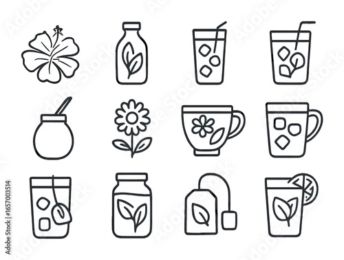 Cold Brew Alternatives. Outline icon set of cold brew and tea alternatives: hibiscus tea, rooibos bottle,