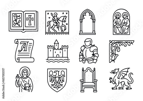Medieval Icon Grid. Outline icon set of medieval art: illuminated book, knight tapestry, gothic arch,