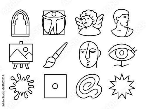 Art Styles Icon Grid. Outline icon set of art periods and styles: gothic arch, renaissance sketch, baroque