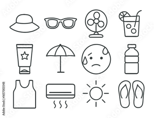 Hot Weather Essentials. Outline icon set of hot weather survival: sun hat, sunglasses, fan, cold drink,